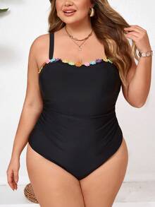 SHEIN CURVE+ 加大码女士黑色花卉饰边可拆卸肩带连体泳衣，适合海滩穿着 - 黑色 - 查看 3