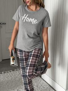 SHEIN "CozyHome" Graphic Jersey Tee And Classic Check Flannel Drawstring Pajama Set - Grey - View 4