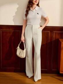 Vintamour 复古优雅女士 Polo 领罗纹提花休闲通勤度假 T 恤夏季上衣度假衬衫女式上衣女士商务休闲夏季外出上衣女士春假度假办公室教堂夏季上衣女士返校教师 - 白色 - 查看 5