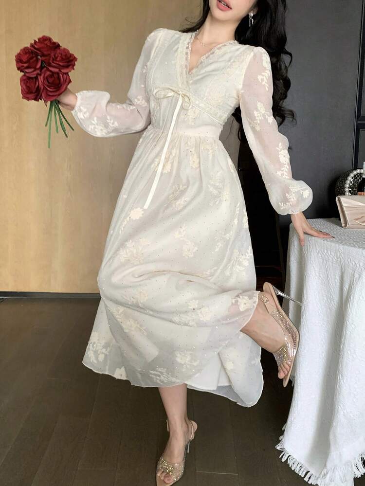 French V-Neck Lace Long Sleeve Dress, Designed Dress For Women Dress Sundress