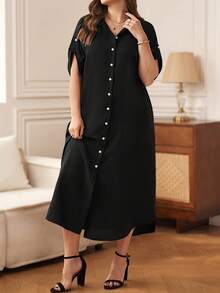 EMERY ROSE 大码女士休闲纯黑色纽扣口袋中长连衣裙，春夏款 - 黑色 - 查看 4