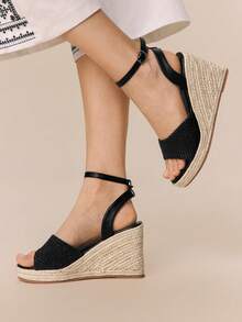 Styleloop Women's Casual Commute Vacation Versatile Solid Color Lace-Up Wedge Sandals, Suitable For Vacation Outfits And Vacation Outfits Travel Essentials Summer Shoes - Black - View 2