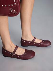 CUCCOO GRLICON Women's Rivet Decor Buckle Flat Loafers - Burgundy - View 3