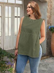 Rosumi Plus Size Women Solid Color Round Neck Side Tie Casual Loose Tank Top - Green - View 7