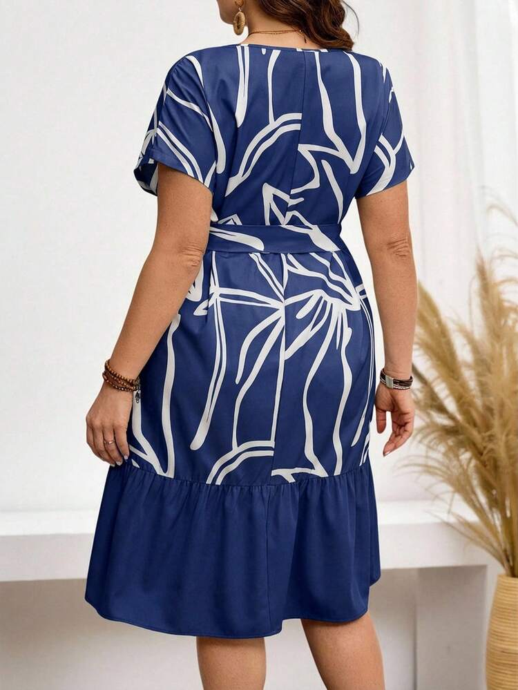 Plus Size Women V-Neck Ruched Waist Tie Design Casual Party Dress Summer Dress  Summer Outfits Summer Clothes Spring Dress Spring Outfit Women Spring Clothing Country Style For Women Country Dress For Women Vacation Outfits Women