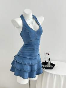 Elamini Y2K Fashion Casual Sexy V-Neck Ruffle Trim Denim Dress - Medium Wash - View 1