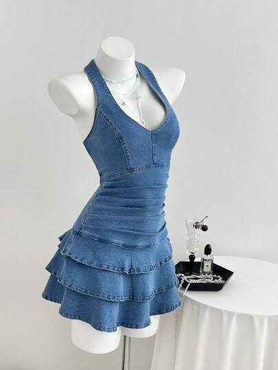 Elamini Y2K Fashion Casual Sexy V-Neck Ruffle Trim Denim Dress