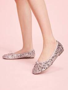 CUCCOO DOLLMOD 女士粉色亮面圆头蝴蝶结装饰低帮芭蕾平底鞋，鞋面亮片材质，可爱优雅，一脚蹬款式，适合节日和情人节穿着。 - 粉色 - 查看 4