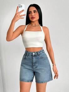 SHEIN 高腰花卉刺绣牛仔短裤 - 雏菊图案后腰拼接细节牛仔短裤 - 淺色水洗藍 - 查看 7