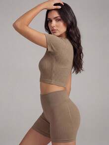 Anewsta American Style Regular Shoulder Short Sleeve T-Shirt, Women's New Arrival Summer Fitted Design Niche Casual Top - Khaki - View 6