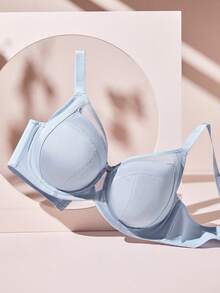 LUVLETTE Plus Blue Unlined Full Coverage Side Support Mesh Sheer Airy Basic Breezy Comfort Minimizer Bra - Baby Blue - View 6