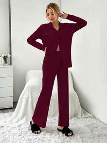 EURMUSE Pijama de 2 piezas para mujer talla grande con top de manga larga con costuras de contraste y pantalones, abierto por delante - Burdeos - Ver 5