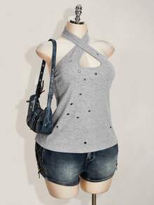 SHEIN ICON Áo tank top nữ cỡ lớn phong cách retro gợi cảm, phá cách, táo bạo, hiện đại, phong cách Y2K, cổ chéo, yếm, trang trí khoen kim loại, màu xám, chất liệu gân. - Xám - Xem 8