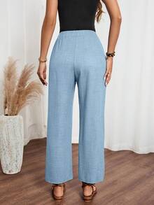 SHEIN LUNE Women's Denim Effect Linen Floral Trim Side Pants - Blue - View 2