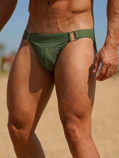 Manfinity RSRT Men's Solid Color Metal Buckle Sexy Beach Triangle Swimwear Bottom Men Swim Thong Men Bikini Swimsuit Men Green Swim Trunk Olive Green Swim Trunks