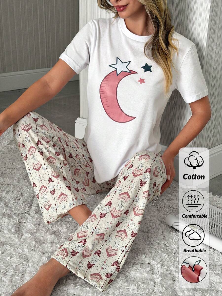 SHEIN Dreamy Moon & Star Print Contrast Tee & Striped Pajama Set - Pink - View 1
