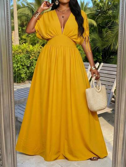 SHEIN Lady CURVE Plus Size Women Deep V-Neck Ruched Waist Elegant Party Dress  Summer Spring Summer Outfits For Women  Spring Outfit  Summer Dress Spring Dress  Festival Outfits For Women    Beach  Beach Outfit For Women Beach Dress  Vacation Outfits Women  Vacation   Holiday