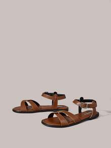 Styleloop Sandalias planas con hebillas y adornos para mujer - Marrón - Ver 1