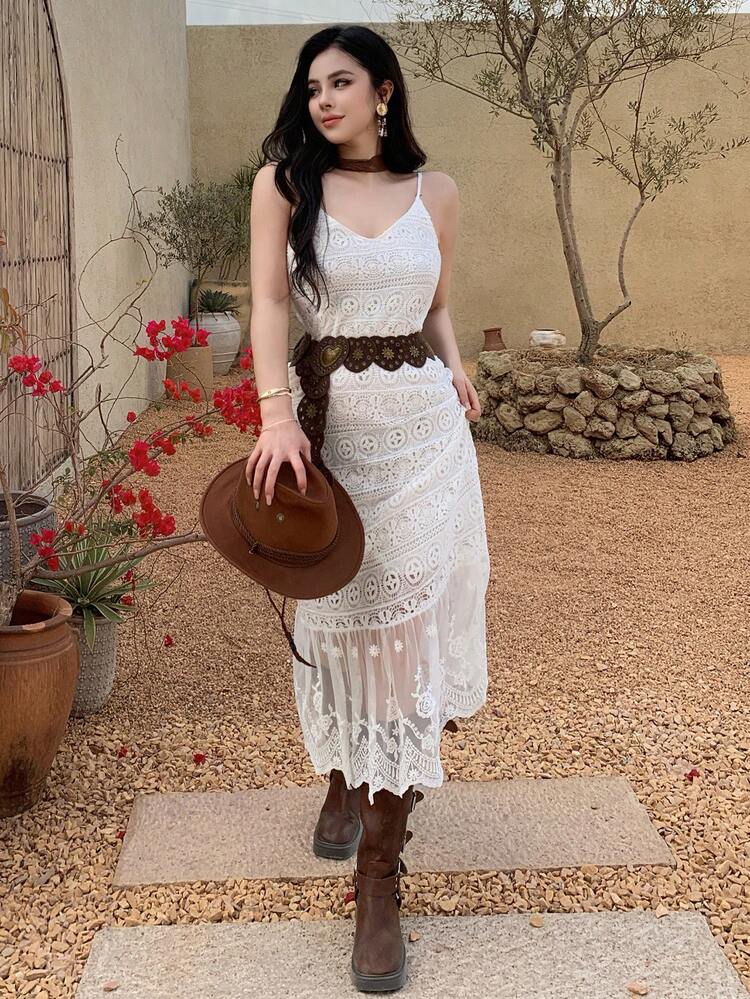 Women's Elegant Lace Patchwork White Spaghetti Strap Mid-Length Dress, Summer,Wedding Guest Dress Women Sundress Boho