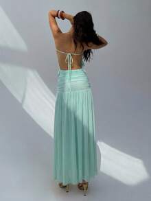 Aloruh Women's Romantic Sexy Solid Blue Strapless Ruched Waist A-Line Dress, Suitable For Spring/Summer Vacation & Date,Summer Dresses For Women - Mint Blue - View 8