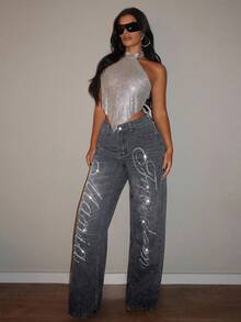 Jeanoix Women's Y2K Retro Rhinestone Embellished Straight Leg Jeans - Grey - View 6