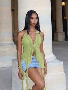 夏季浪漫绿色滚边缎带和3D花朵吊带上衣 夏季女式上衣 演唱会女士性感上衣 - 綠色 - 查看 6