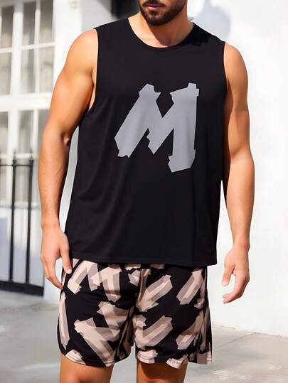 Pijama para Hombre sin Mangas Verano Set 2 Piezas Ligero Camiseta sin Mangas y Short Fresco y Cómodo Gris Oscuro Verde Oliva