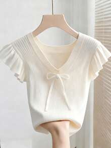 SHEIN Franclia 女士V领荷叶边拼接蝴蝶结装饰优雅百搭约会休闲T恤蝴蝶结上衣可爱针织衫女式上衣夏季上衣针织衫夏季上衣女士可爱上衣 - 白色 - 查看 1