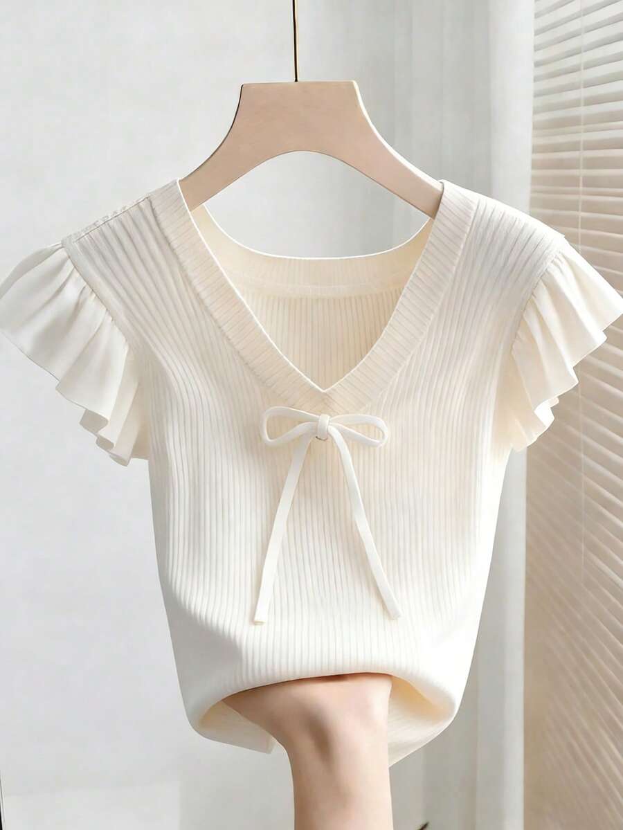 SHEIN Franclia 女士V领荷叶边拼接蝴蝶结装饰优雅百搭约会休闲T恤蝴蝶结上衣可爱针织衫女式上衣夏季上衣针织衫夏季上衣女士可爱上衣 - 白色 - 查看 1