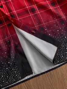 Manfinity Unisex Men's Plaid Placement Print Rhinestone Embellished Short Sleeve Shirt, Spring/Summer - Red - View 6