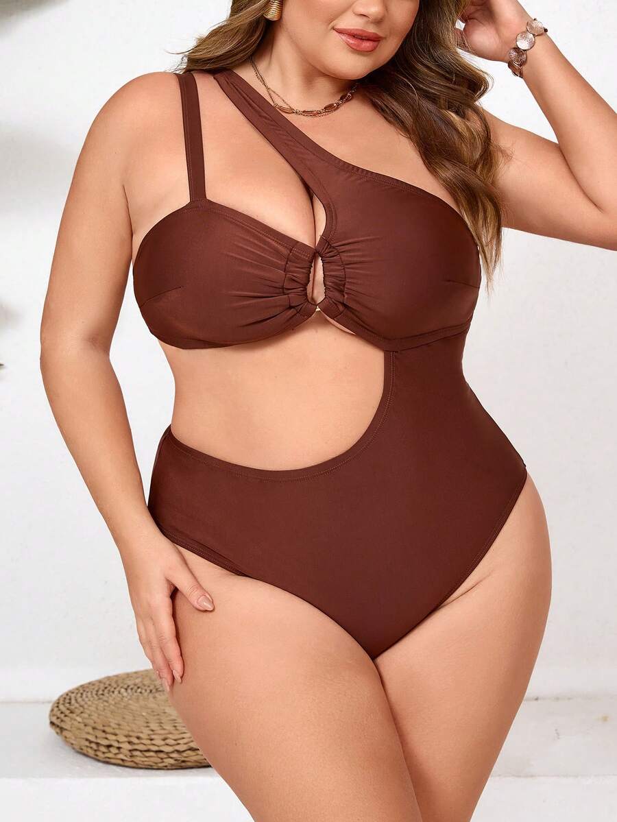 SHEIN CURVE+ Maiô de uma peça com decoração dourada em tecido na cor camelo para mulheres plus size, para praia - Caramelo - Visão 1
