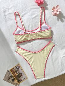 Swim Mod 女士沙滩套装 - 浅黄色底粉色花卉印花，撞色滚边性感超迷你比基尼，时尚休闲度假可爱性感女士泳装套装 - 彩色 - 查看 4