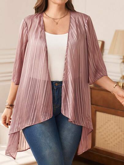 EMERY ROSE Plus Size Elegant Commuter Asymmetric Hem Striped Jacket, Spring/Summer