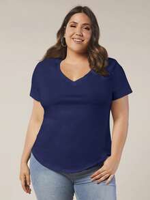 EMERY ROSE Plus Size Casual Solid Color V-Neck Short Sleeve T-Shirt, Summer - Navy Blue - View 5