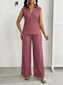 SHEIN Lady Women's Casual Solid Color Camisole And Pants 2 Pieces Set, Summer - Burgundy - View 3