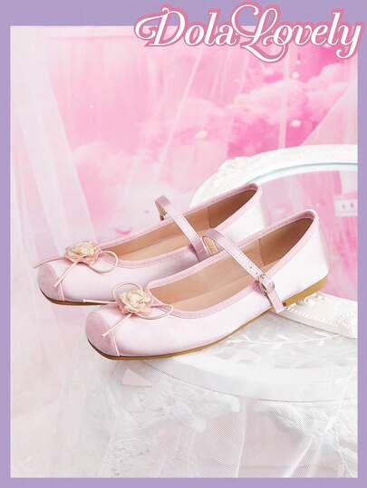 Dola Lovely 女士圆头仿丝缎平底玛丽珍鞋，花朵蝴蝶结绑带，粉色，柔美甜美，适合约会、休闲穿着，洛丽塔风格