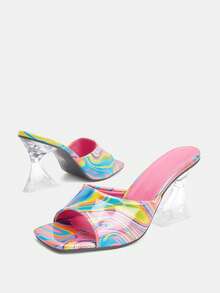 Glitzique 女士时尚彩绘高跟凉鞋，时尚派对露趾一脚蹬红色高跟凉鞋 - 紅色 - 查看 6