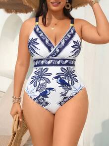 Swim Vcay Plus Size Multi-Color Floral & Bird Print V-Neck Ruched Swimsuit, Fashionable Elegant Loose Beach Holiday Style For Women - Blue and White - View 5