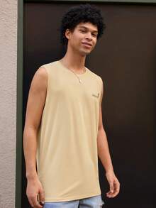 Open Phase Men's Casual Round Neck Coconut Tree & Surfing Print Tank Top, Suitable For Beach Vacation And Daily Wear, Summer - Apricot - View 5