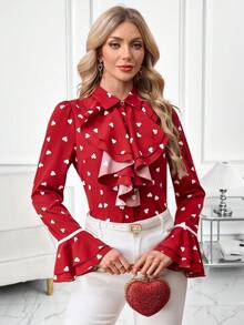 SHEIN Clasi Áo kiểu nữ tay bồng in hình trái tim, thích hợp cho ngày Valentine, màu đỏ mùa hè. - Nhiều màu - Xem 8