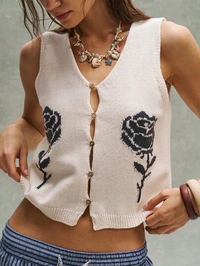 Bohemela Chaqueta sin mangas con botones delanteros y estampado jacquard para vacaciones