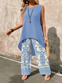 EMERY ROSE Women's Solid Color Round Neck Long Top And Wide Leg Pants Casual Suit - Baby Blue - View 3