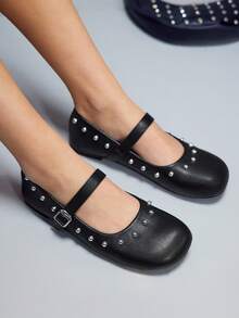 CUCCOO GRLICON Women's Buckle Rivet Decor Flat Loafers - Black - View 1