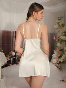 DelicateAllure Áo ngủ nữ, vải trắng phối ren trắng và nơ, thích hợp cho lễ hội âm nhạc, kỳ nghỉ, tiệc tùng, phong cách thanh lịch. - trắng - Xem 2