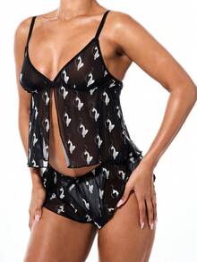 BABYPHAT All Over Logo Print Mesh Babydoll Lingerie Set - Black - View 3