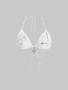 ROMWE Avant Y2K Autumn/Winter Furry Sexy Cross Studded Embroidered Rhinestone Bikini Camisole - White - View 1