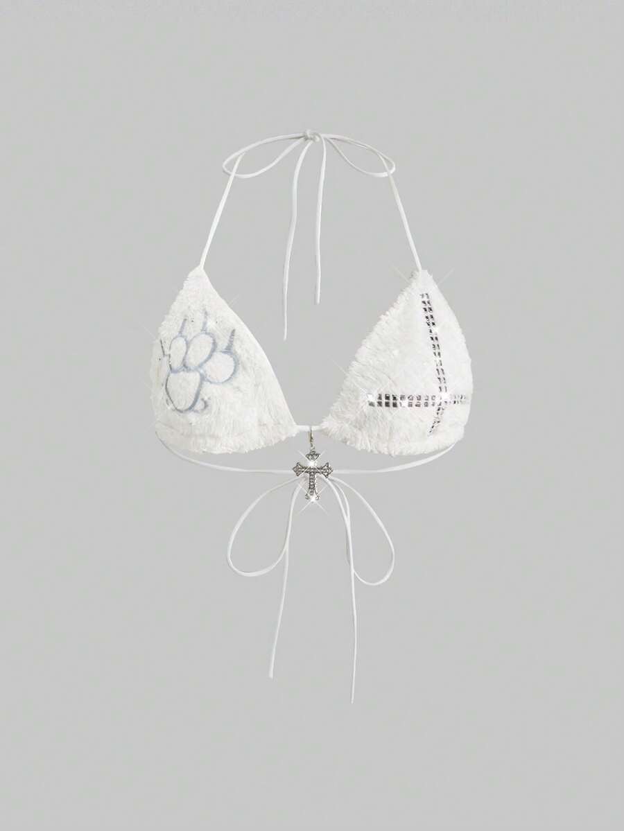 ROMWE Avant Y2K Autumn/Winter Furry Sexy Cross Studded Embroidered Rhinestone Bikini Camisole - White - View 1