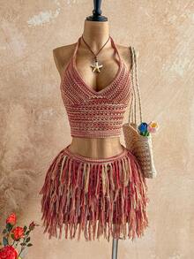 Soleia Bộ đồ 2 mảnh dành cho nữ gồm áo crop top cổ chữ V buộc dây sau lưng và chân váy ngắn tua rua, thích hợp cho tiệc tùng, Giáng sinh, hẹn hò, hộp đêm, phong cách Bohemian, Boho, kỳ nghỉ, mùa thu. - Nhiều màu - Xem 6