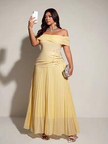 Viva Relle 大码女士优雅浪漫修身露肩弹力连衣裙，春夏款 - 黃色 - 查看 1