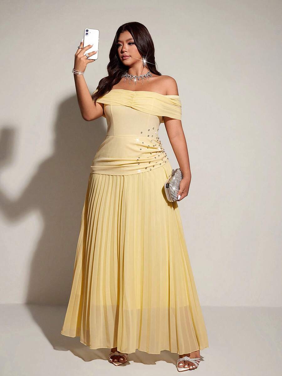 Viva Relle 大码女士优雅浪漫修身露肩弹力连衣裙，春夏款 - 黃色 - 查看 1